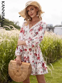  2022 Novo Pomlad Jesen Ženske Obleke z Dolgimi Rokavi A-line Čipke Mozaik Cvjetnim Tiskanja Obleko Proti-vrat Priložnostne Mini Dame Vestidos