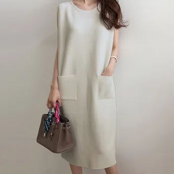  Jeseni Ženske Obleke Preproste Zasnove, Japonska Ženska Oblačila, Elegantno Korejski Urad Dama Brez Rokavov Priložnostne Svoboden Midi Obleko 2021 Moda