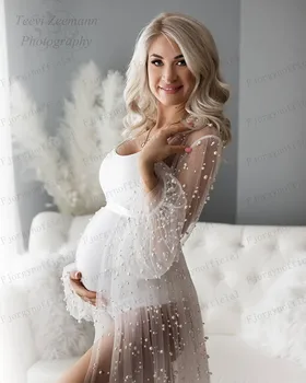  Čisto Svoboden Pearl Oblačilih, z Dolgimi Rokavi Meri Mehkega Tila Porodniškega Obleke za Photoshoot ali Baby Tuš Noseča Obleko 2021
